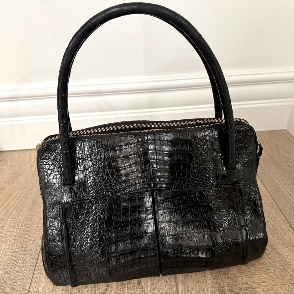 Nancy Gonzalez Black Crocodile Bag Tote Double Strap Vintage Square Rare!